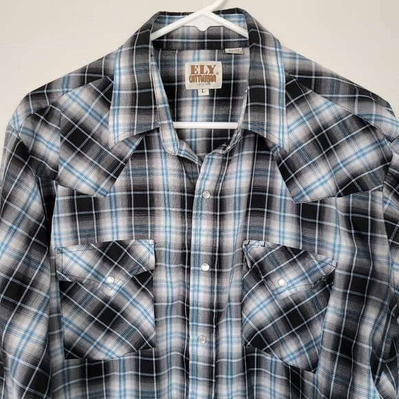 Ely Cattleman Men's Large Long Sleeve Button Up Dress Shirt Blue Black Plaid Top - Picture 3 of 4